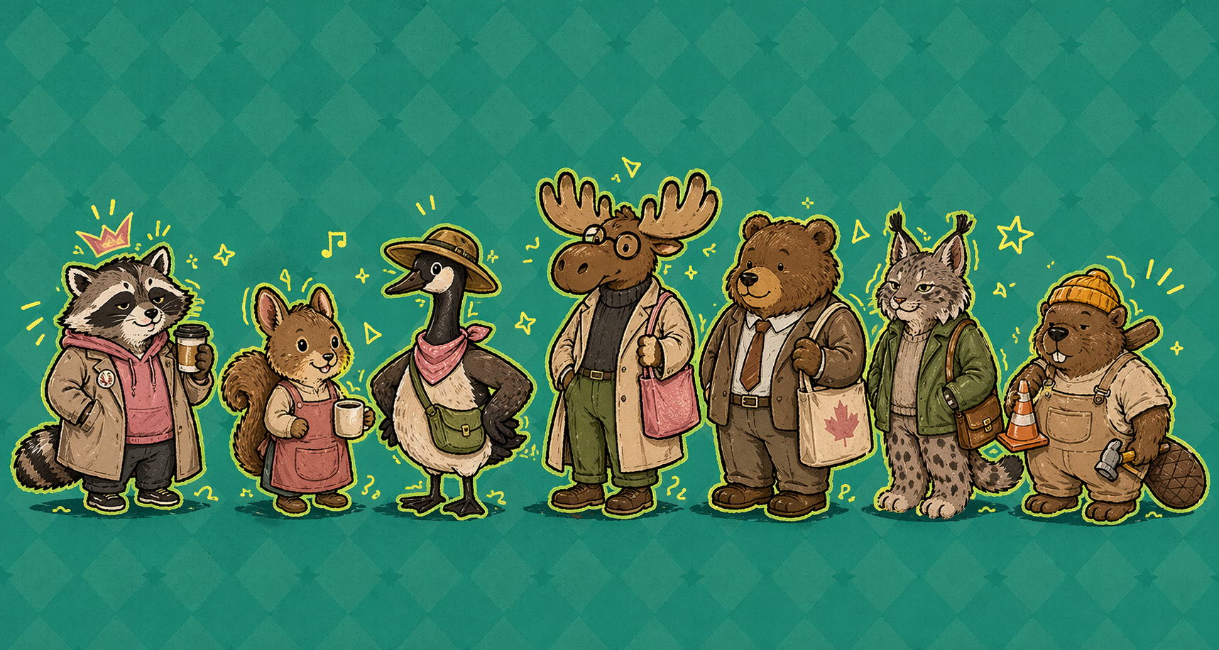 dumbdumb Toronto animal character lineup — raccoon, squirrel, goose, moose, bear, lynx, beaver