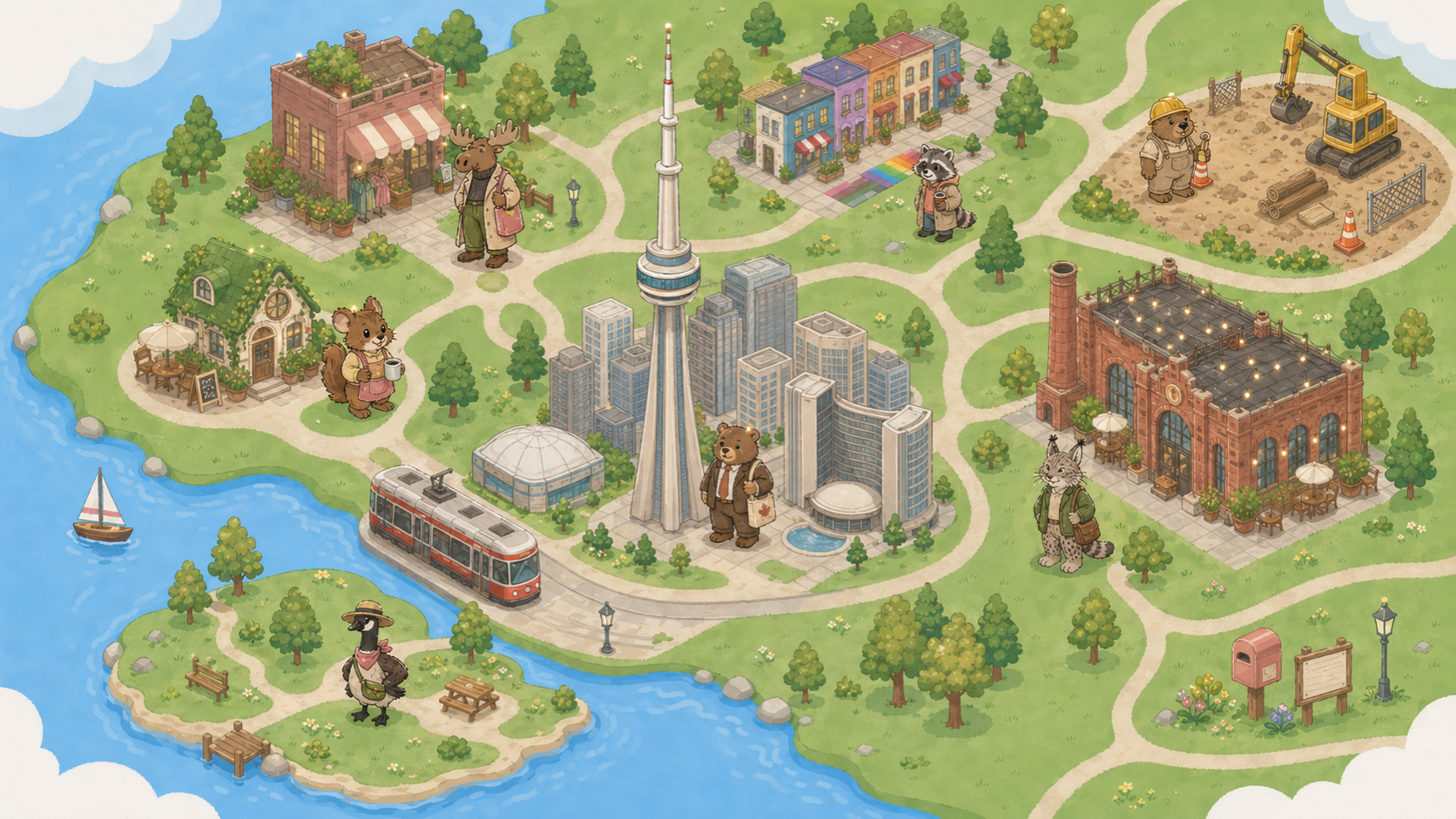 A clean illustrated Toronto-inspired dumbdumb map with seven non-duplicated animal IP characters, Toronto Islands, The Village raccoon, a more recognizable New City Hall beside the CN Tower skyline, Distillery District lynx, Ossington, WIP construction, and contact marker.